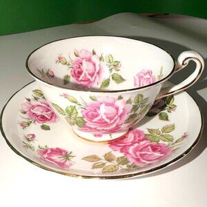 Royal Chelsea English Bone China Teacup Saucer Pink Roses Gold Trim Vintage MCM